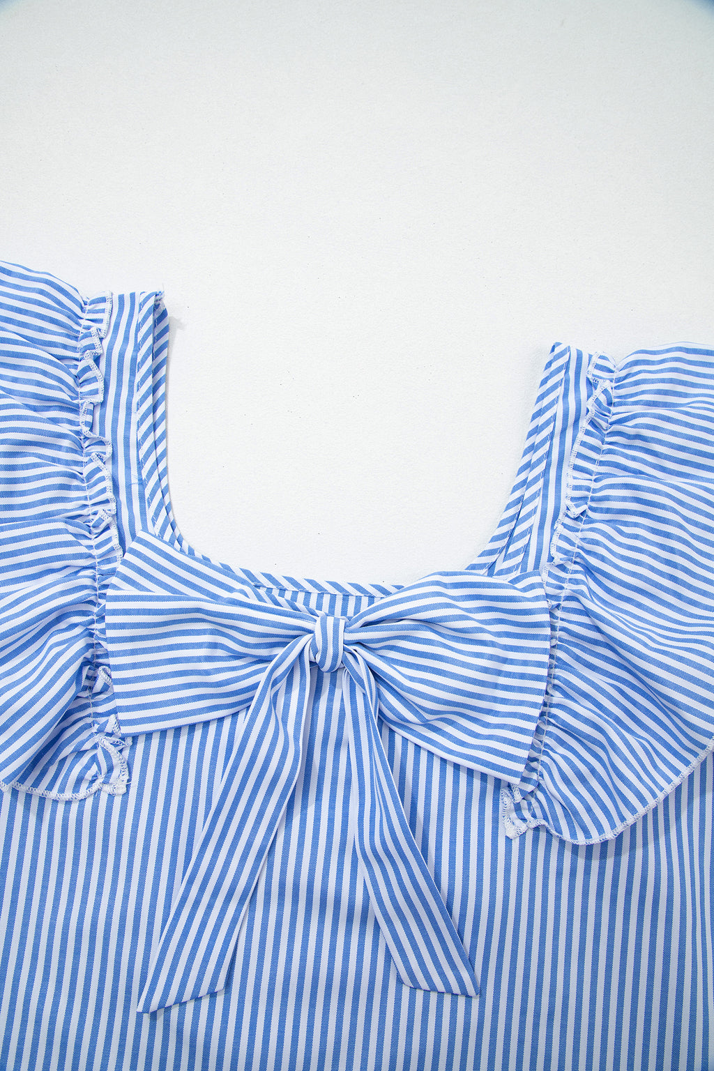 Blusa a Rayas Cuello Cuadrado con Moño y Volantes