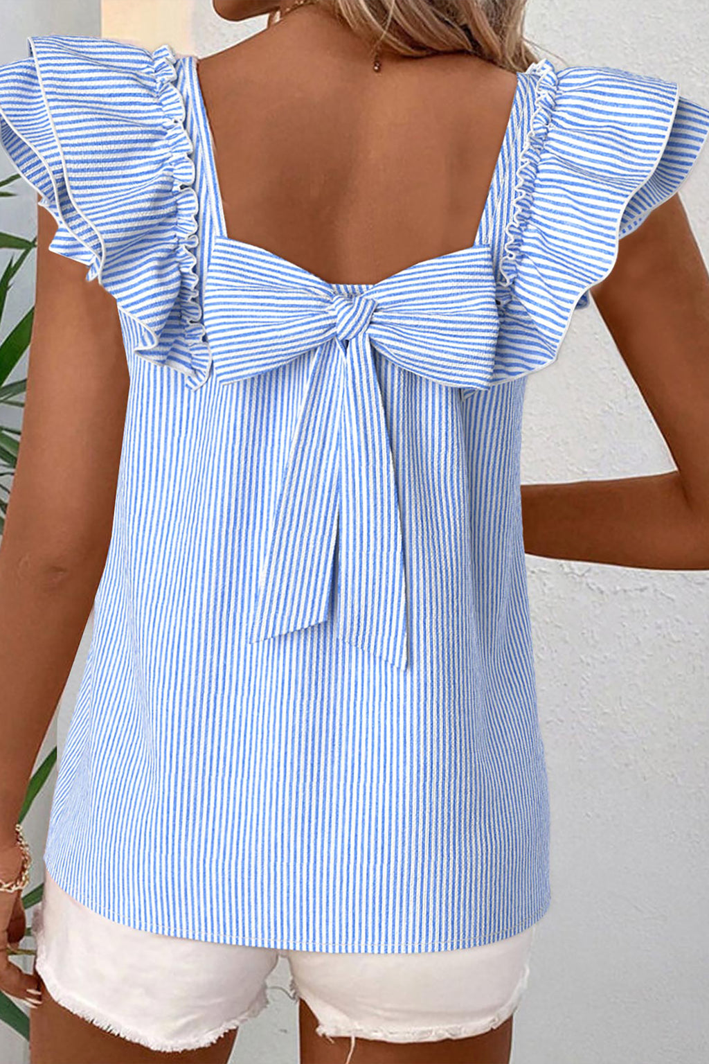 Blusa a Rayas Cuello Cuadrado con Moño y Volantes