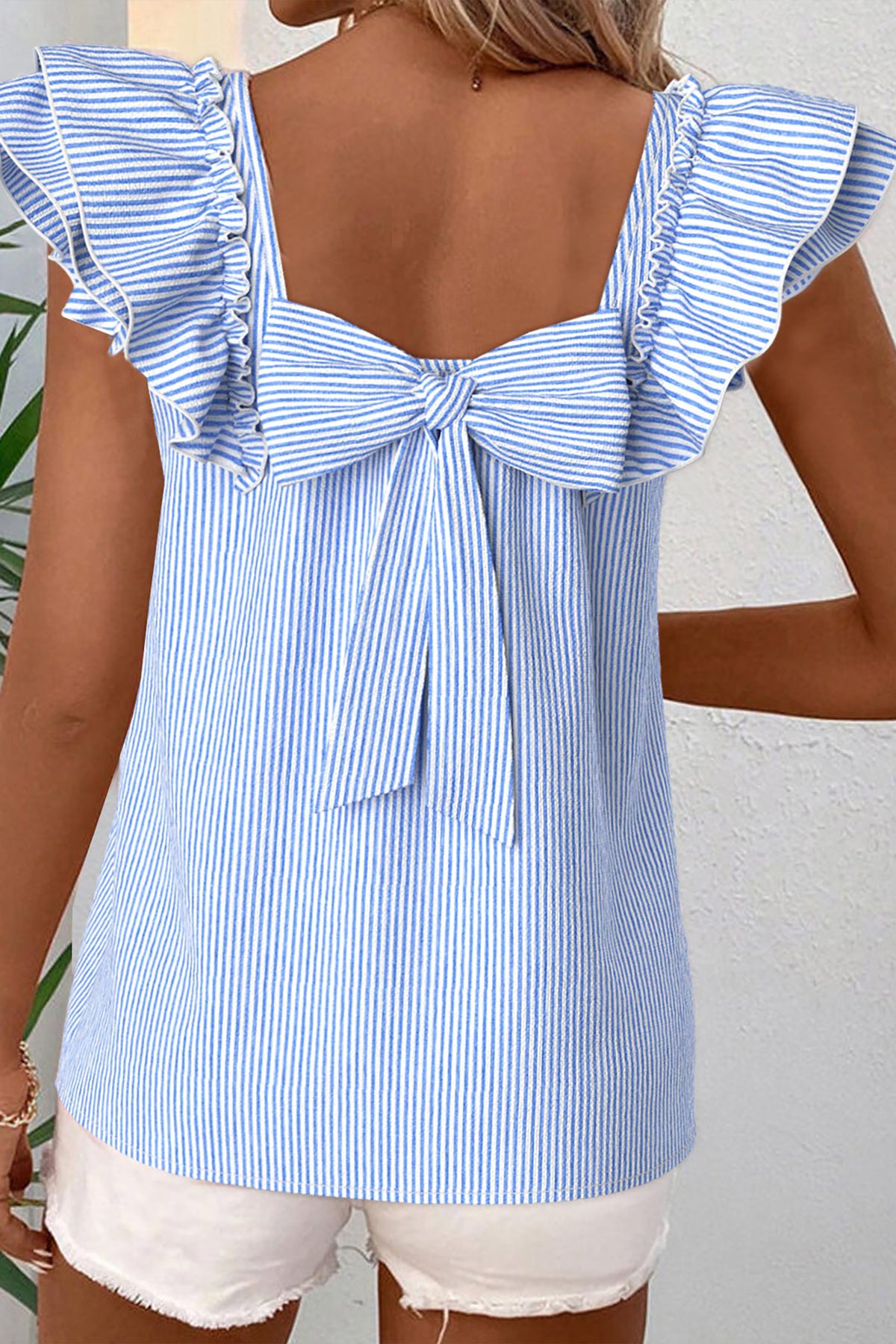Blusa a Rayas Cuello Cuadrado con Moño y Volantes