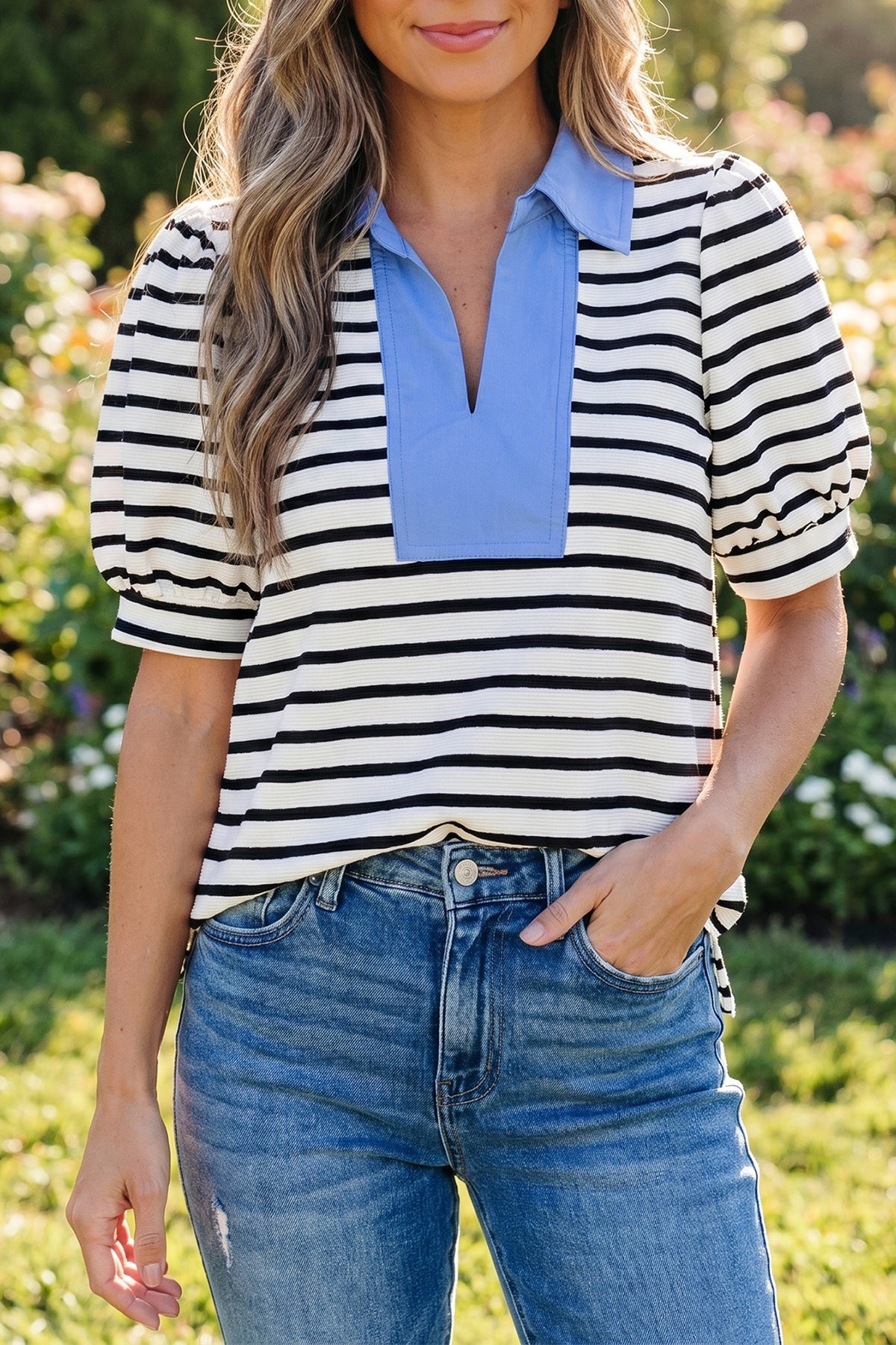 Blusa Manga Puff Cuello Polo Color Block | 3 Colores