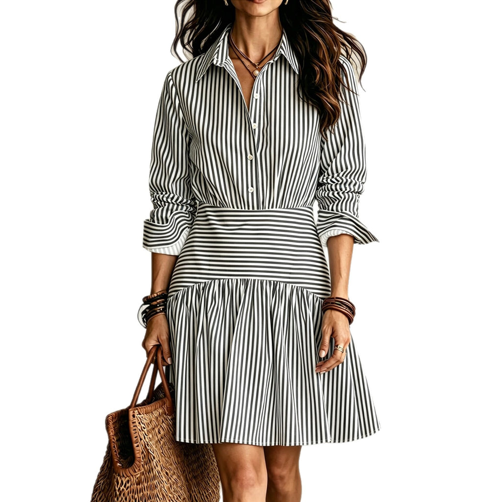 Vestido Camisero a Rayas con Volante | Manga Larga