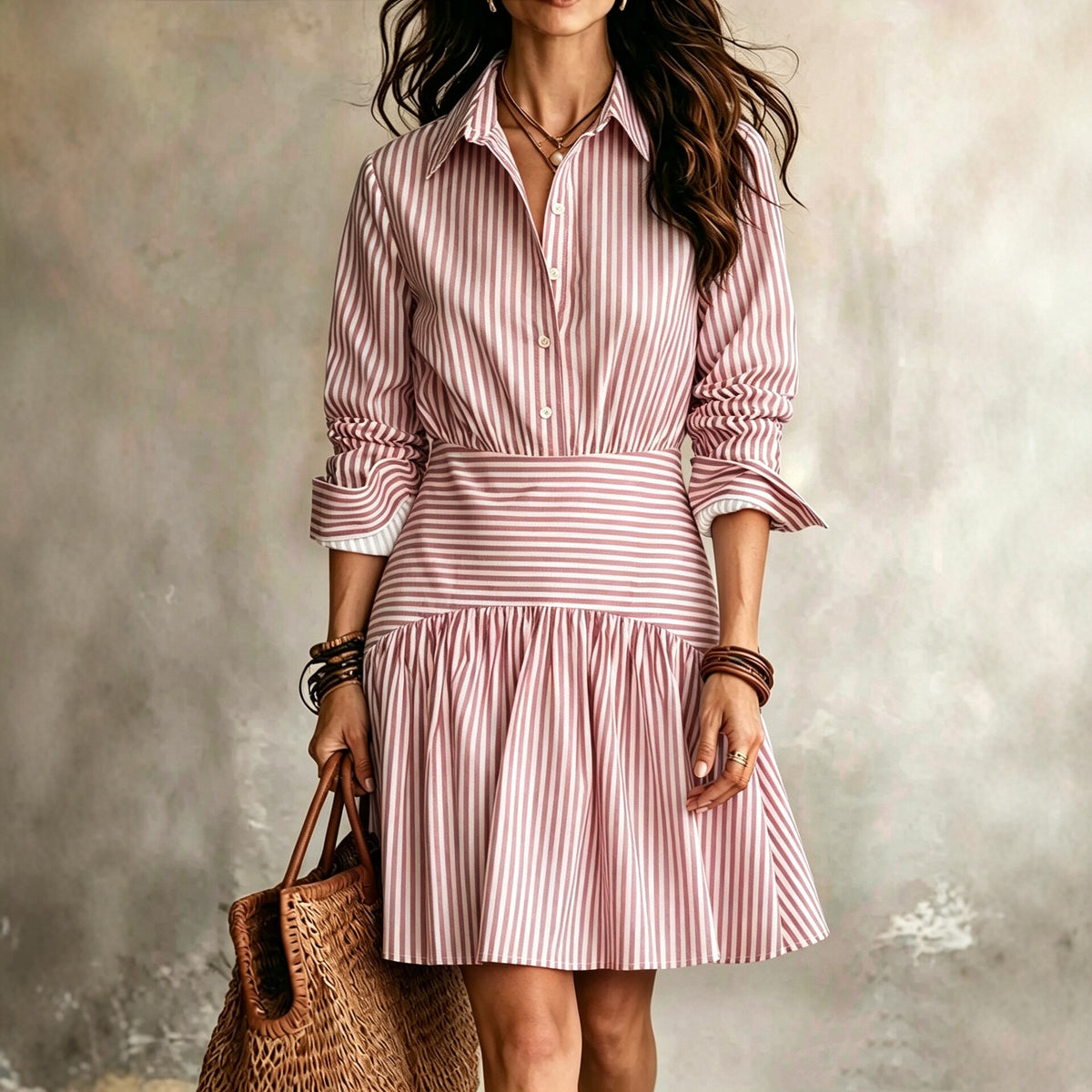 Vestido Camisero a Rayas con Volante | Manga Larga