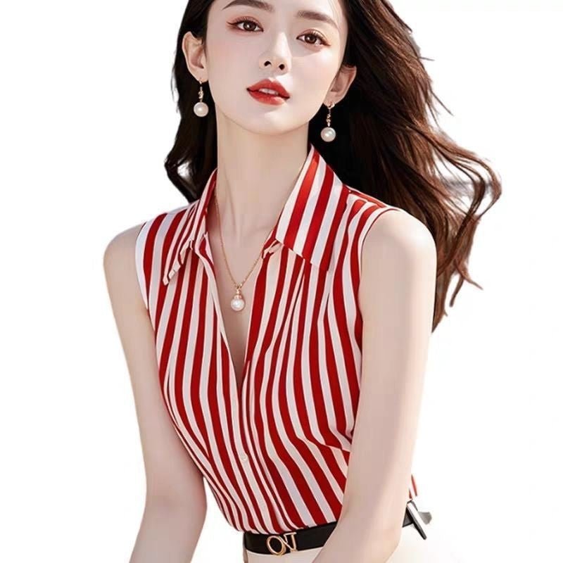 Camisa a Rayas sin Mangas con Cuello Polo - Maylen Select
