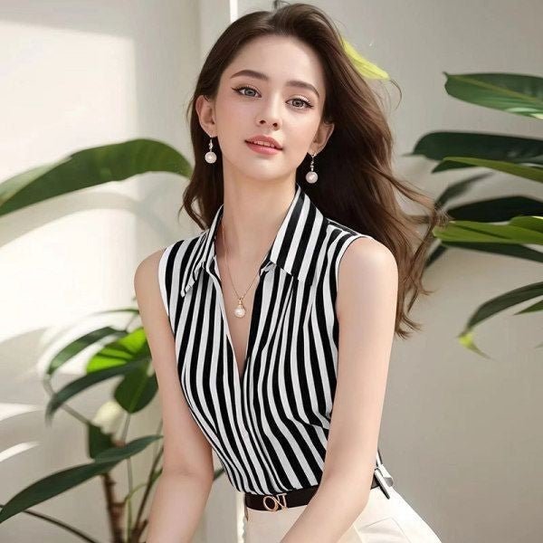 Camisa a Rayas sin Mangas con Cuello Polo - Maylen Select